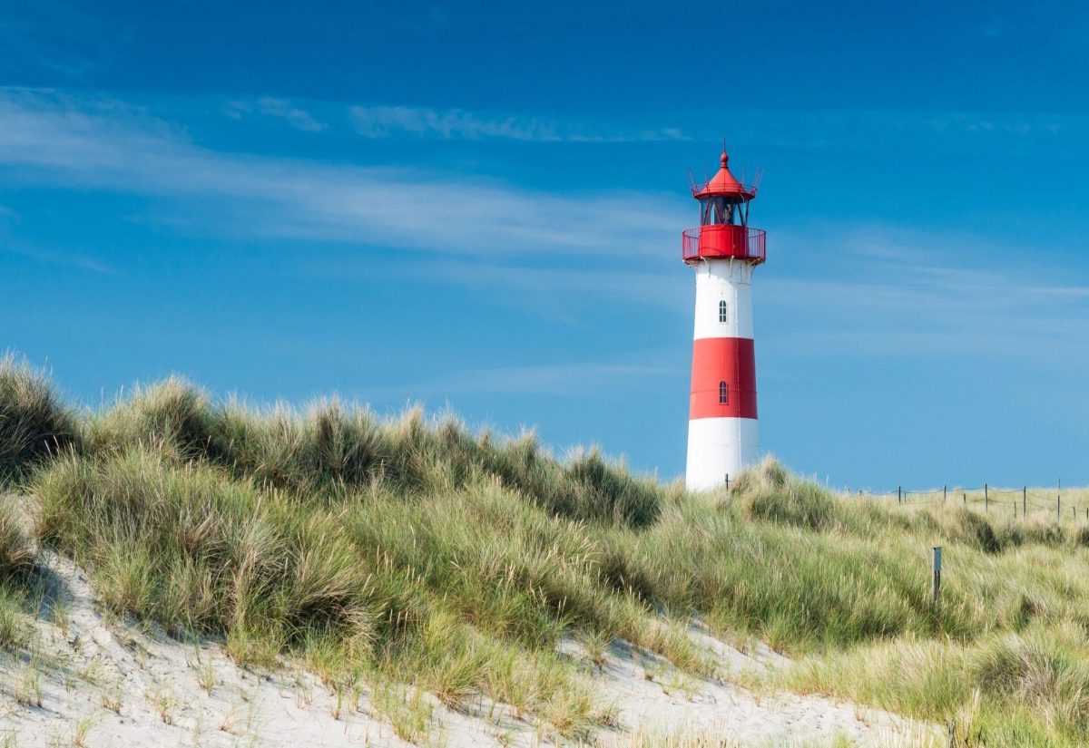 A lighthouse on the beach with grass in front of it.